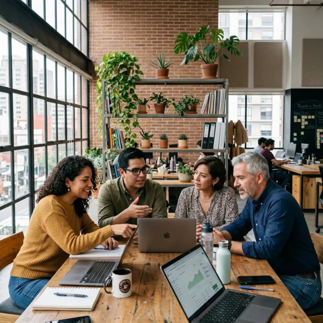Equipo de SinergIA trabajando en oficina colaborativa.